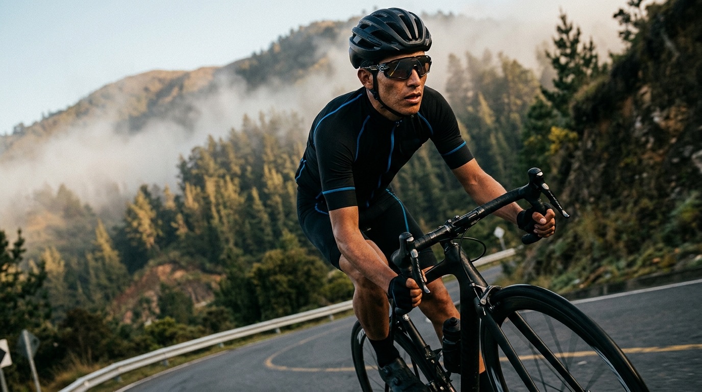 Ciclista en las montañas de Colombia usando gafas deportivas WON Sports